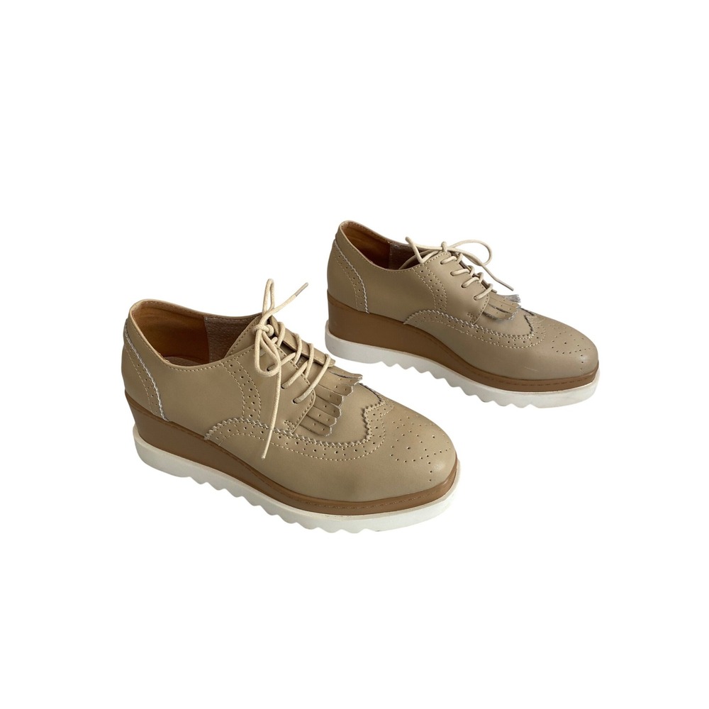 Fashion Beige Platform Brogue Oxfords Kiltie Fringe Wingtip Wedge Shoes‎ Size 9
